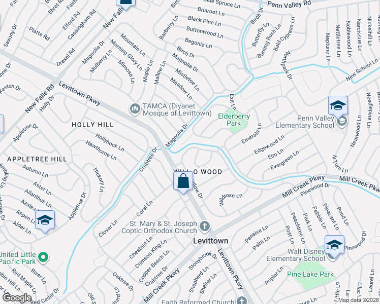 map of restaurants, bars, coffee shops, grocery stores, and more near 139 Willow Drive in Levittown