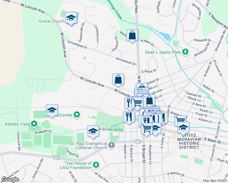 map of restaurants, bars, coffee shops, grocery stores, and more near 116 West Lincoln Avenue in Lititz