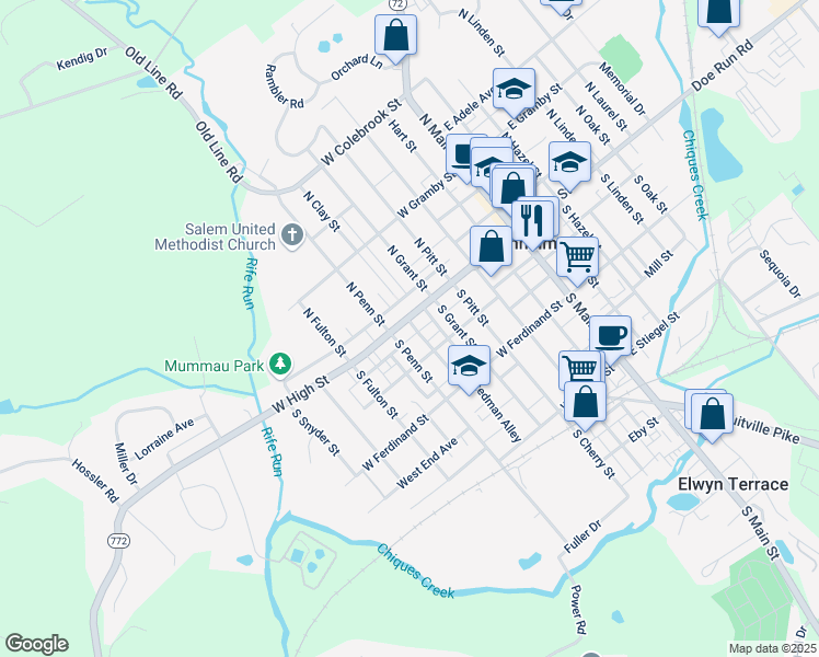 map of restaurants, bars, coffee shops, grocery stores, and more near 235 West High Street in Manheim