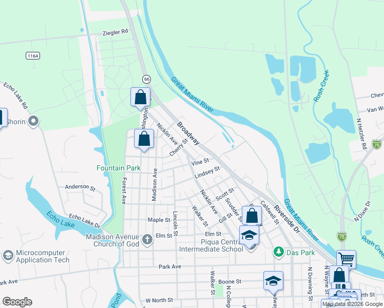 map of restaurants, bars, coffee shops, grocery stores, and more near 1507 Nicklin Avenue in Piqua