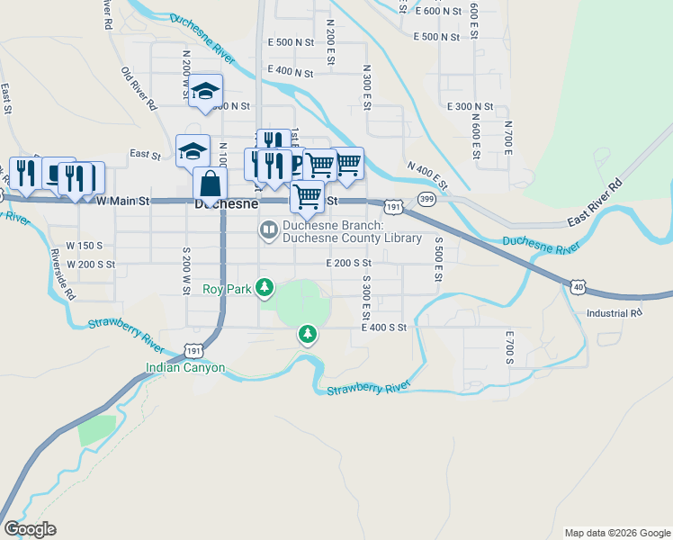map of restaurants, bars, coffee shops, grocery stores, and more near 251 East 200 South Street in Duchesne