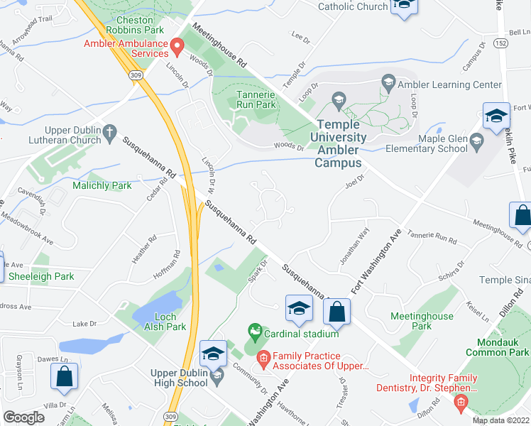 map of restaurants, bars, coffee shops, grocery stores, and more near 730 Honey Run Road in Ambler