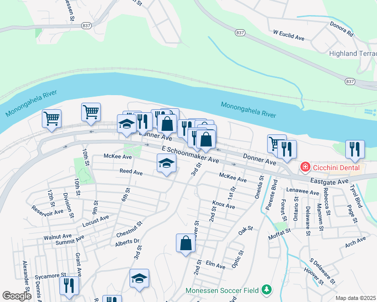 map of restaurants, bars, coffee shops, grocery stores, and more near 365 Schoonmaker Avenue in Monessen