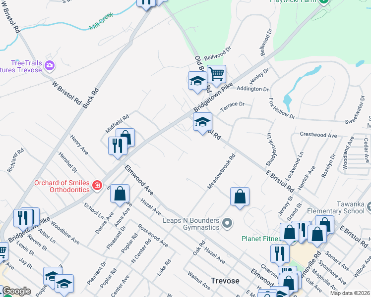 map of restaurants, bars, coffee shops, grocery stores, and more near 107 Jakes Way in Feasterville-Trevose