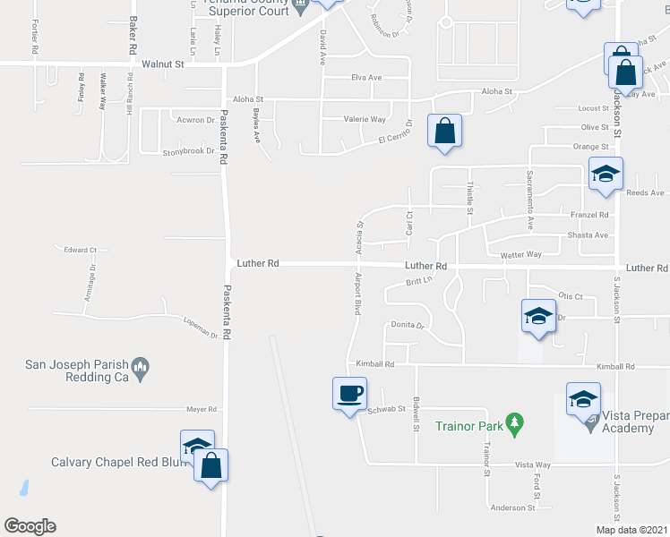 map of restaurants, bars, coffee shops, grocery stores, and more near 21125 Luther Road in Red Bluff