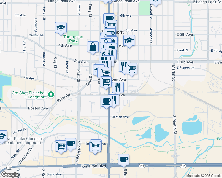 map of restaurants, bars, coffee shops, grocery stores, and more near 110 Main Street in Longmont