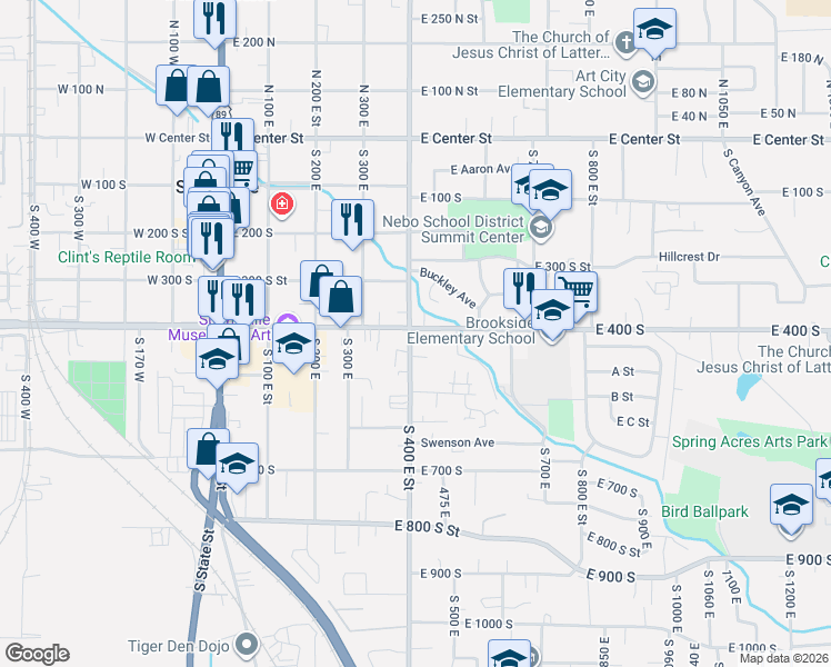map of restaurants, bars, coffee shops, grocery stores, and more near 409 South 400 East in Springville