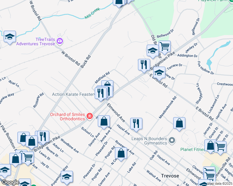 map of restaurants, bars, coffee shops, grocery stores, and more near 1825 Bridgetown Pike in Feasterville-Trevose