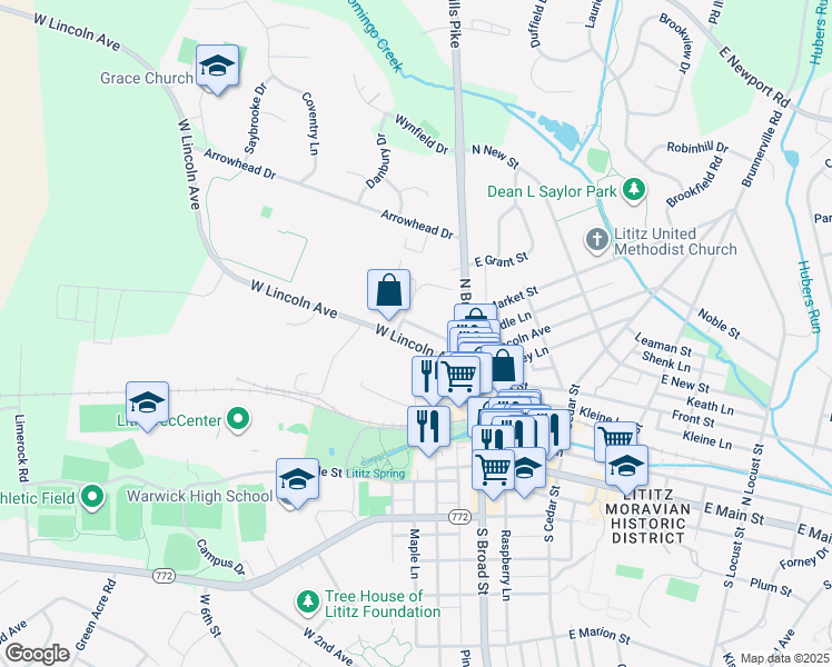 map of restaurants, bars, coffee shops, grocery stores, and more near 45 Middle Lane in Lititz