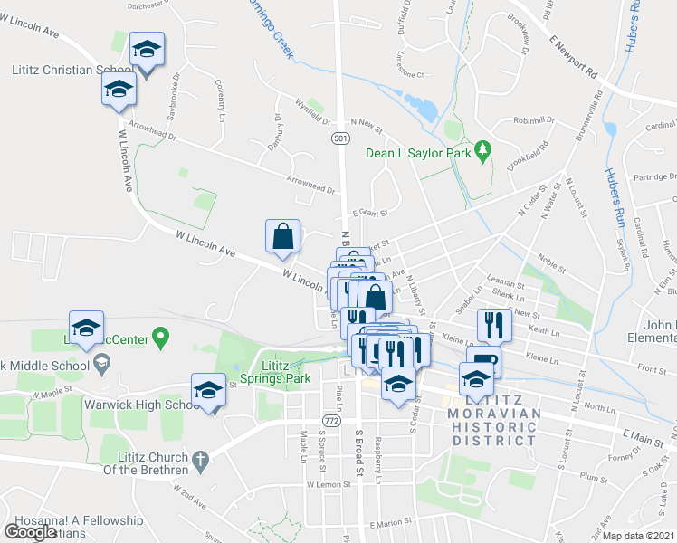 map of restaurants, bars, coffee shops, grocery stores, and more near 218 N Broad St in Lititz