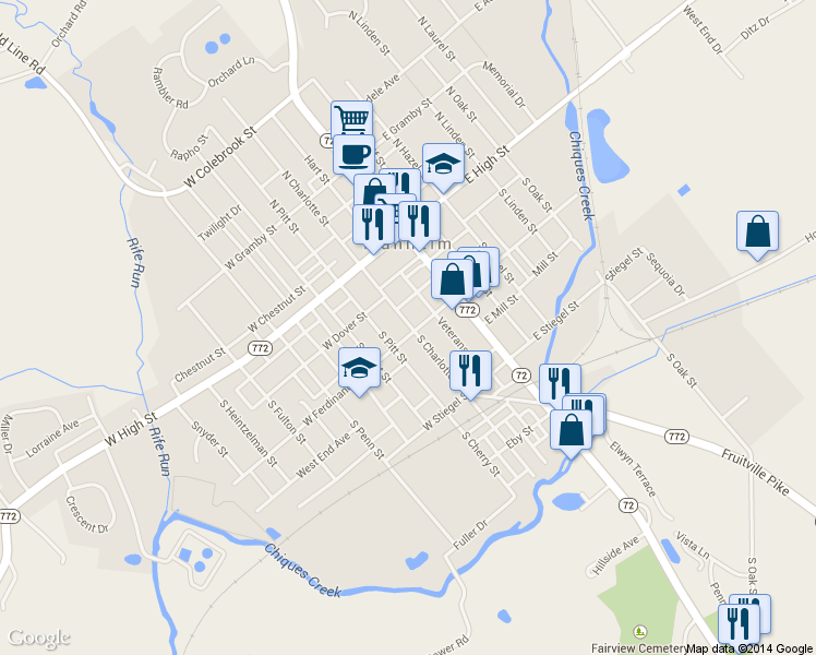 map of restaurants, bars, coffee shops, grocery stores, and more near 90 South Charlotte Street in Manheim