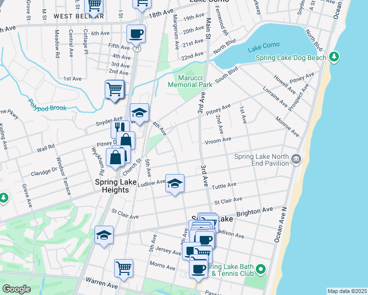 map of restaurants, bars, coffee shops, grocery stores, and more near 2112 Edgewood Place in Spring Lake