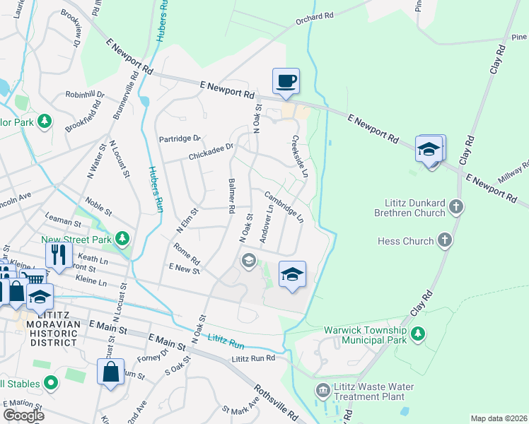 map of restaurants, bars, coffee shops, grocery stores, and more near 249 North Oak Street in Lititz