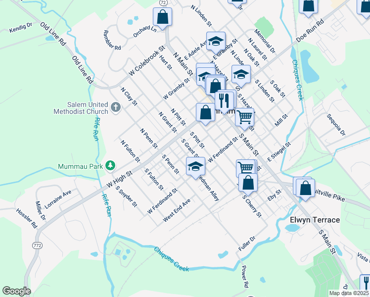 map of restaurants, bars, coffee shops, grocery stores, and more near 32 South Grant Street in Manheim