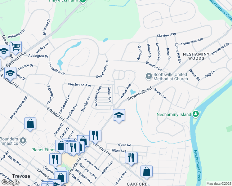 map of restaurants, bars, coffee shops, grocery stores, and more near 2304 Brownsville Road in Feasterville-Trevose