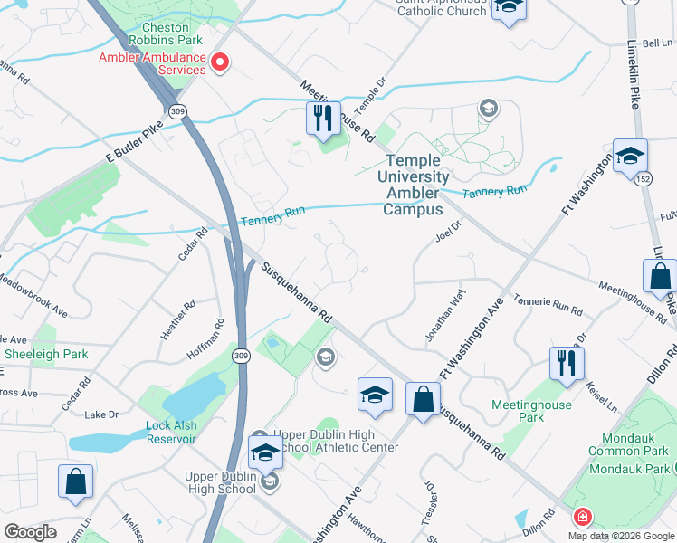 map of restaurants, bars, coffee shops, grocery stores, and more near 2203 Grant Mews Court in Ambler