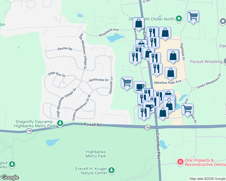 map of restaurants, bars, coffee shops, grocery stores, and more near 530 Glenside Lane in Powell
