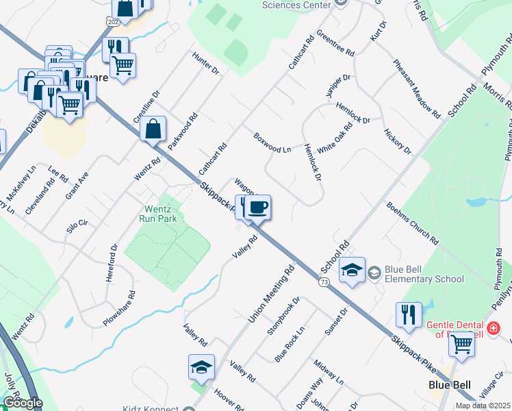map of restaurants, bars, coffee shops, grocery stores, and more near 887 Rabbit Run Road in Blue Bell