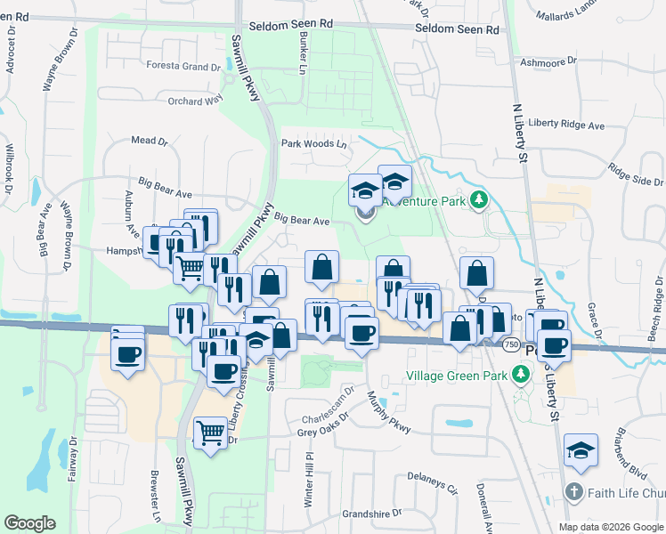 map of restaurants, bars, coffee shops, grocery stores, and more near 330 West Case Street in Powell