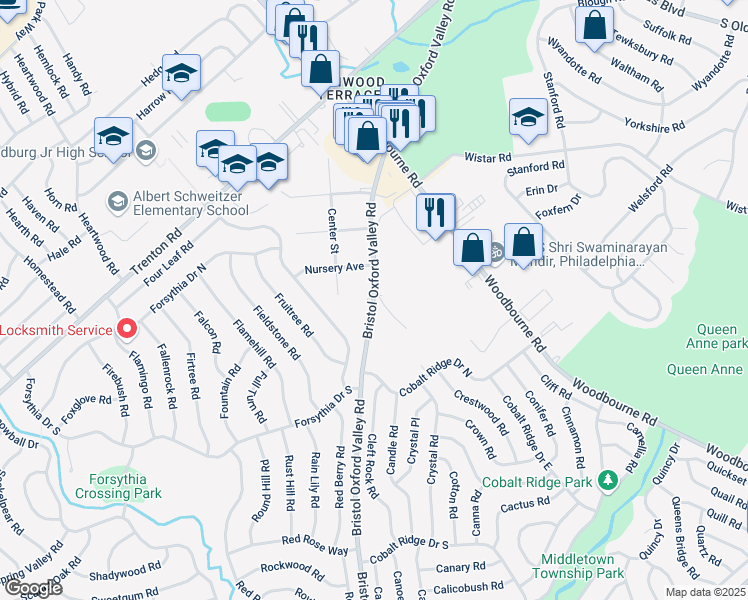 map of restaurants, bars, coffee shops, grocery stores, and more near 1420 Bristol Oxford Valley Road in Levittown