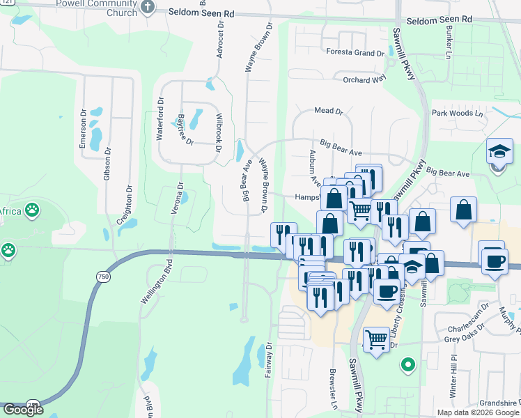 map of restaurants, bars, coffee shops, grocery stores, and more near 9546 Wayne Brown Drive in Powell