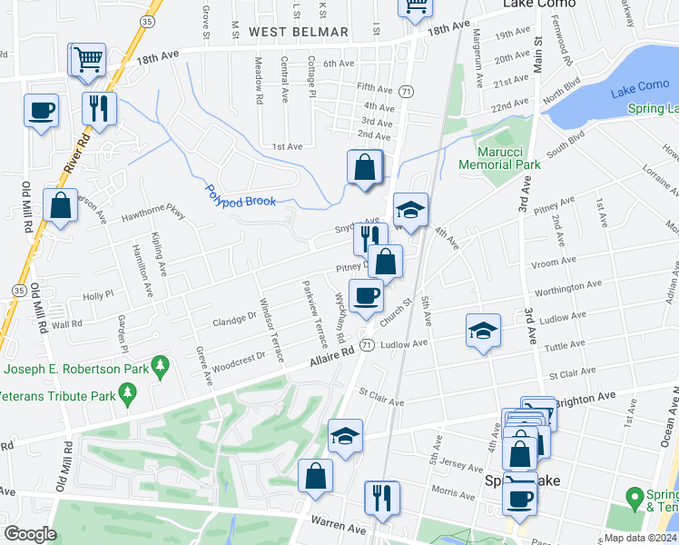 map of restaurants, bars, coffee shops, grocery stores, and more near 719 Pitney Drive in Spring Lake