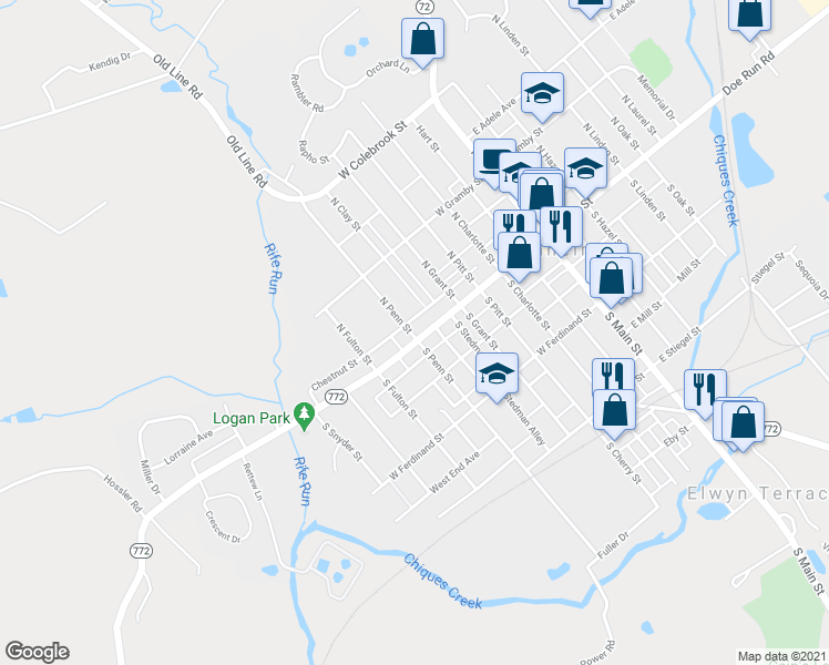map of restaurants, bars, coffee shops, grocery stores, and more near 252 West High Street in Manheim