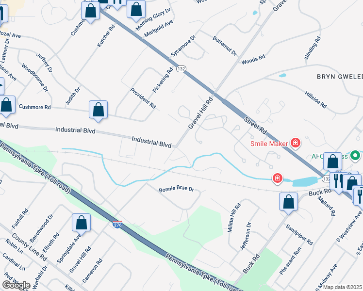 map of restaurants, bars, coffee shops, grocery stores, and more near 82 Gravel Hill Road in Bucks County
