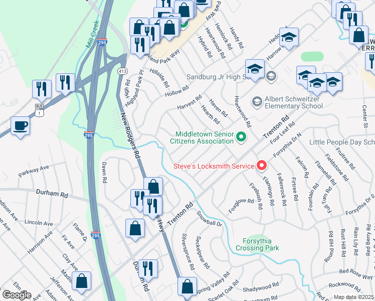 map of restaurants, bars, coffee shops, grocery stores, and more near 21 Hardy Road in Levittown