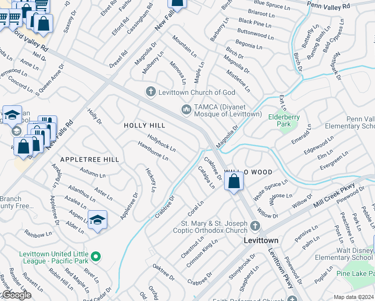 map of restaurants, bars, coffee shops, grocery stores, and more near 9 Huckleberry Lane in Levittown