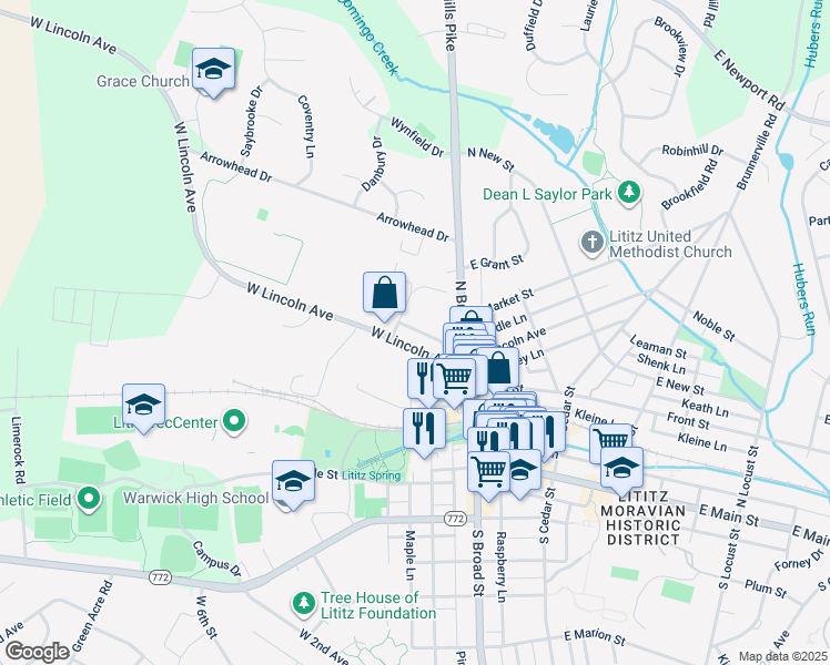 map of restaurants, bars, coffee shops, grocery stores, and more near 45 Middle Lane in Lititz
