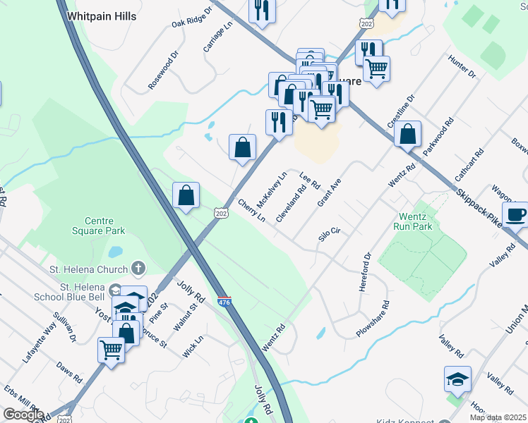 map of restaurants, bars, coffee shops, grocery stores, and more near 1198 Mckelvey Lane in Center Square