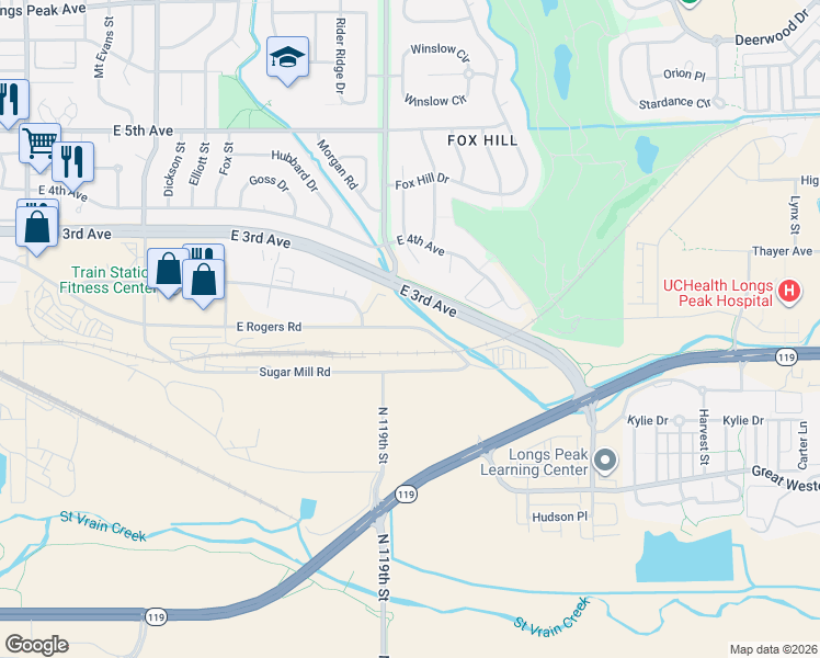 map of restaurants, bars, coffee shops, grocery stores, and more near 900-998 E Rogers Rd in Longmont