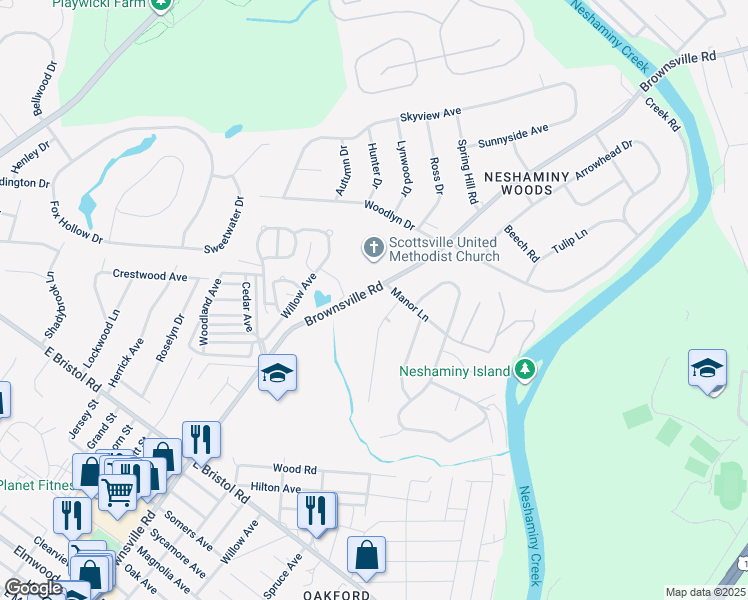 map of restaurants, bars, coffee shops, grocery stores, and more near 2351 Brownsville Road in Langhorne