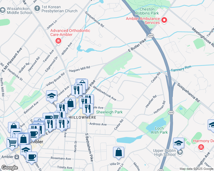 map of restaurants, bars, coffee shops, grocery stores, and more near 48 Cavendish Drive in Ambler