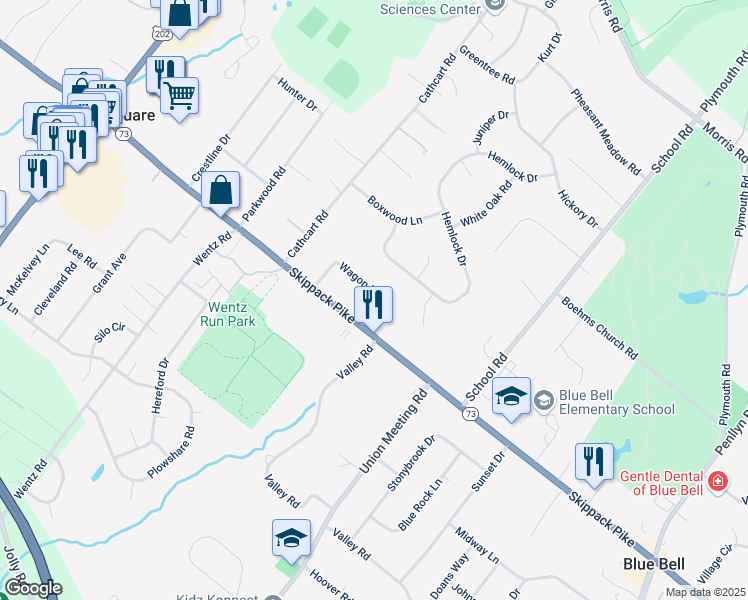 map of restaurants, bars, coffee shops, grocery stores, and more near 887 Rabbit Run Road in Blue Bell