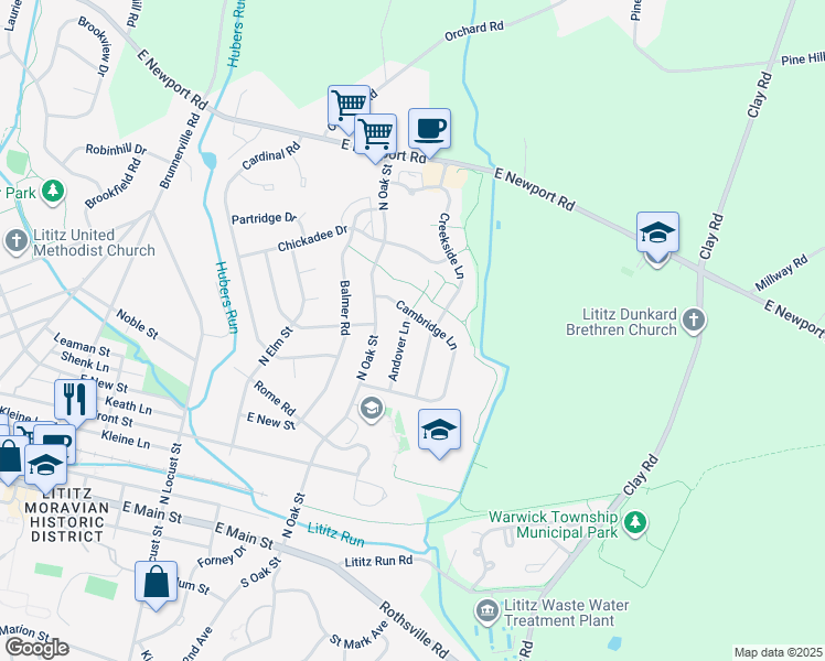 map of restaurants, bars, coffee shops, grocery stores, and more near 237 Andover Lane in Lititz
