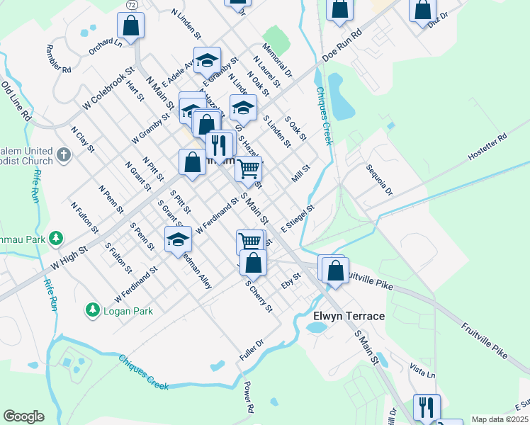map of restaurants, bars, coffee shops, grocery stores, and more near 141 South Main Street in Manheim