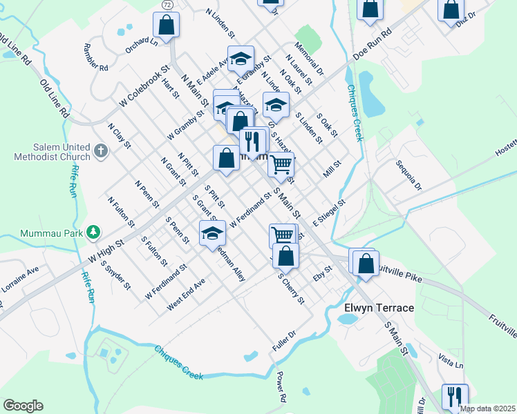 map of restaurants, bars, coffee shops, grocery stores, and more near 21 West Ferdinand Street in Manheim