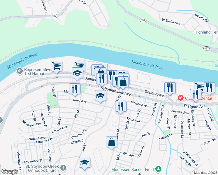 map of restaurants, bars, coffee shops, grocery stores, and more near 365 Schoonmaker Avenue in Monessen