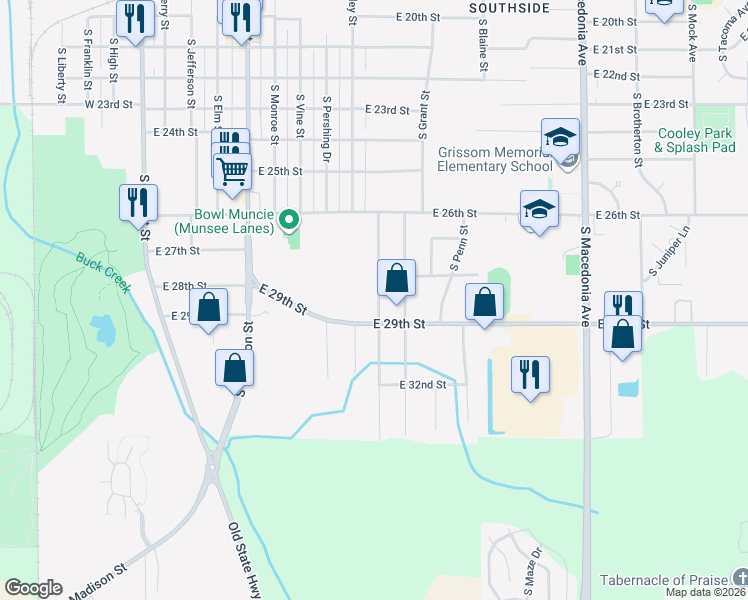 map of restaurants, bars, coffee shops, grocery stores, and more near 3511 South Ebright Street in Muncie
