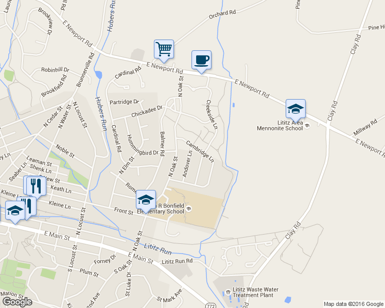 map of restaurants, bars, coffee shops, grocery stores, and more near 237 Andover Lane in Lititz