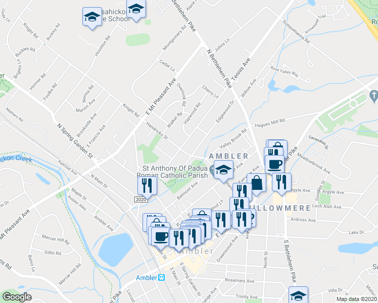 map of restaurants, bars, coffee shops, grocery stores, and more near 169 Hendricks Street in Ambler