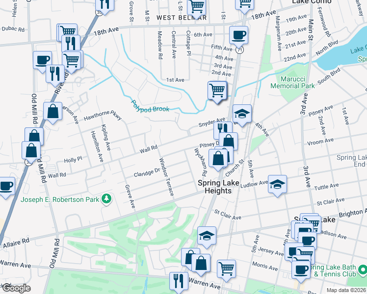 map of restaurants, bars, coffee shops, grocery stores, and more near 804 Pitney Drive in Spring Lake