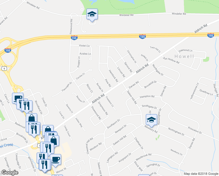 map of restaurants, bars, coffee shops, grocery stores, and more near 339 Aldrich Road in Howell Township