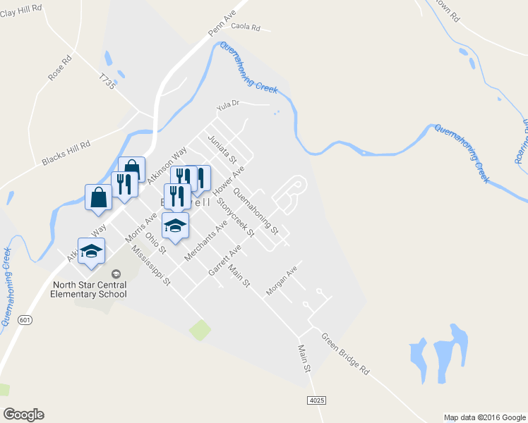map of restaurants, bars, coffee shops, grocery stores, and more near 520 Quemahoning Street in Boswell