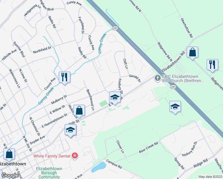 map of restaurants, bars, coffee shops, grocery stores, and more near 139 Radio Road in Elizabethtown