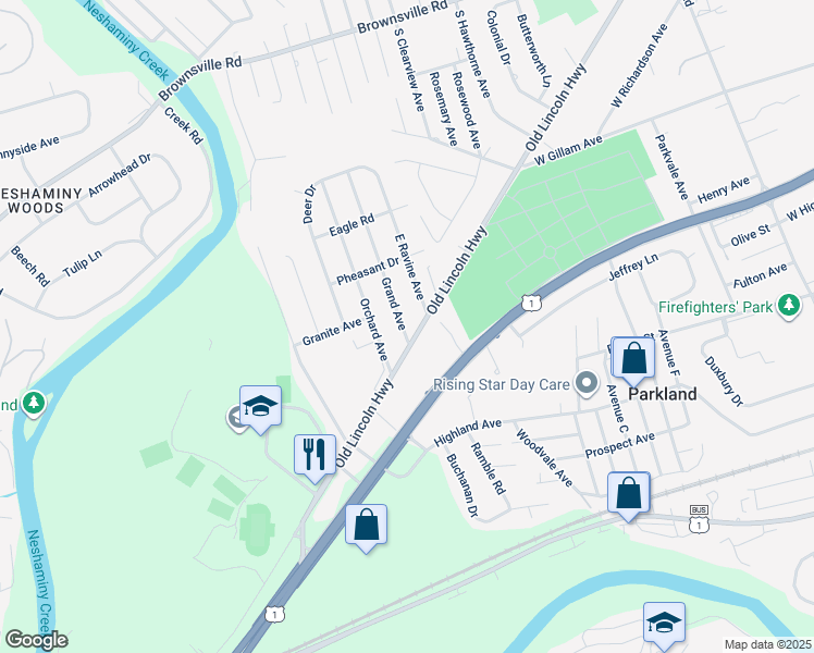 map of restaurants, bars, coffee shops, grocery stores, and more near 629 Grand Avenue in Langhorne