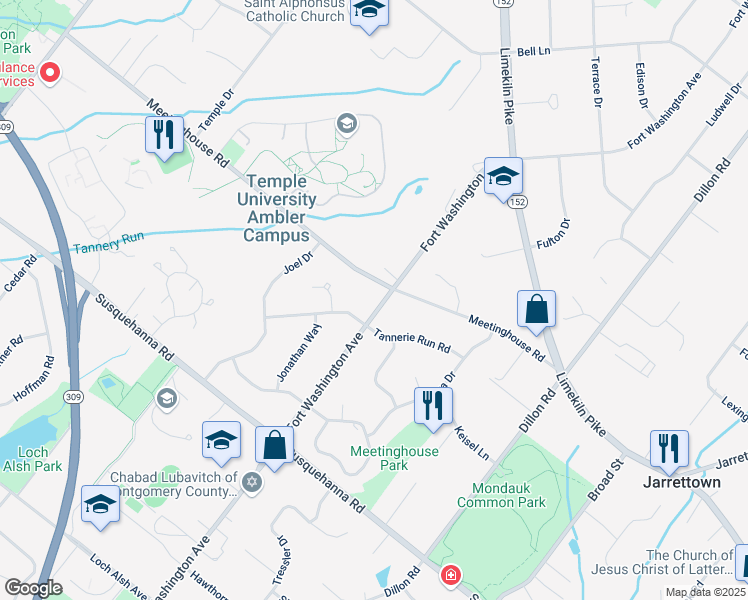 map of restaurants, bars, coffee shops, grocery stores, and more near 1472 Fort Washington Avenue in Ambler