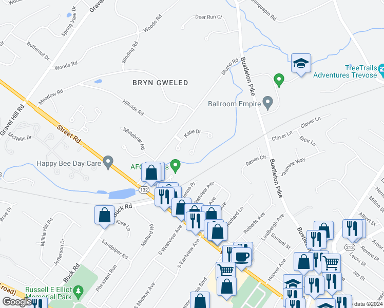 map of restaurants, bars, coffee shops, grocery stores, and more near 424 Timothy Drive in Feasterville-Trevose